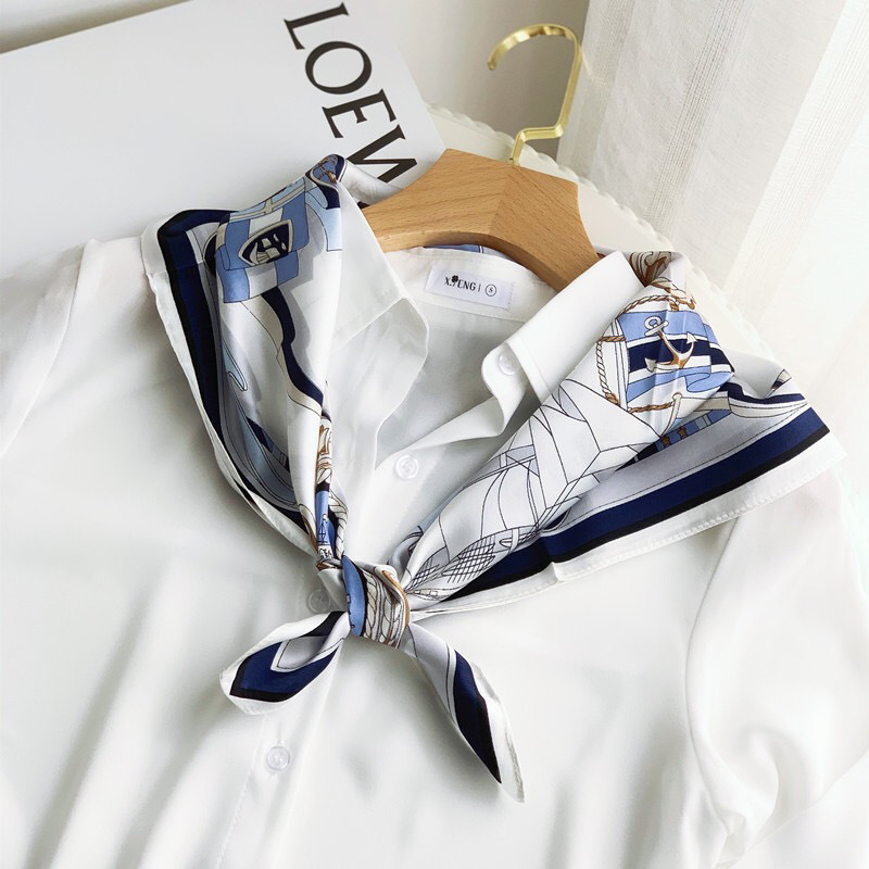 Classic Nautical White Mulberry Silk Scarf Women's Square 076