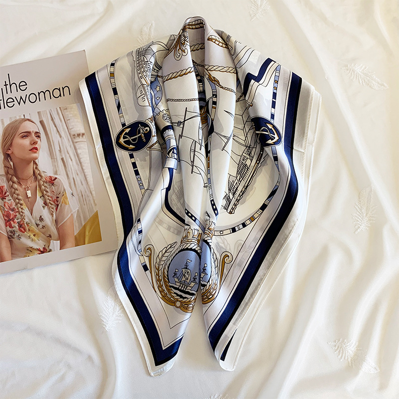 Classic Nautical White Mulberry Silk Scarf Women's Square 076