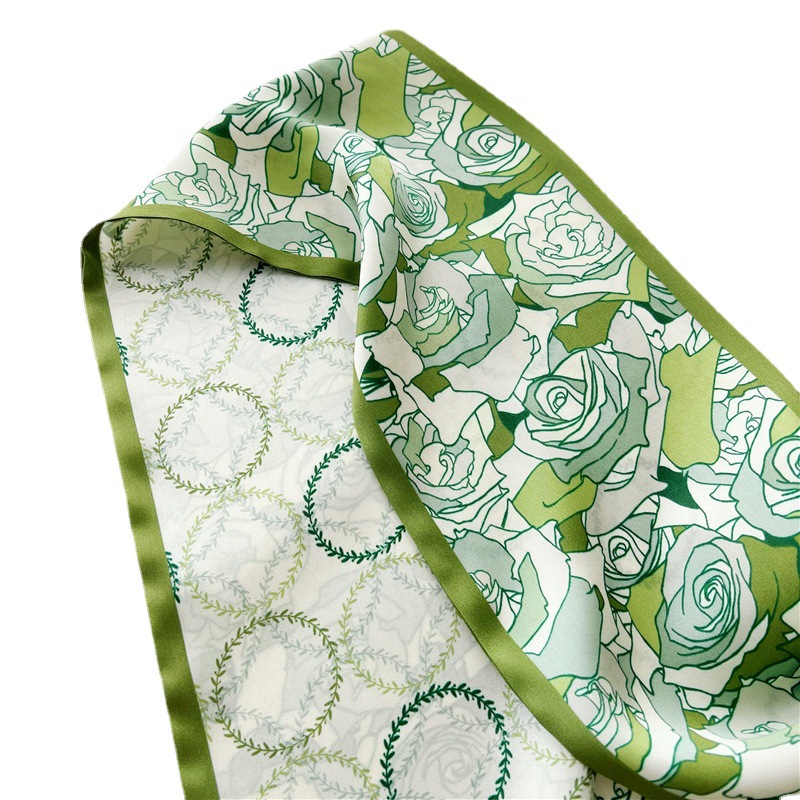 Green Rose Mulberry Silk Scarf Double Sided Scarf Streamer 041