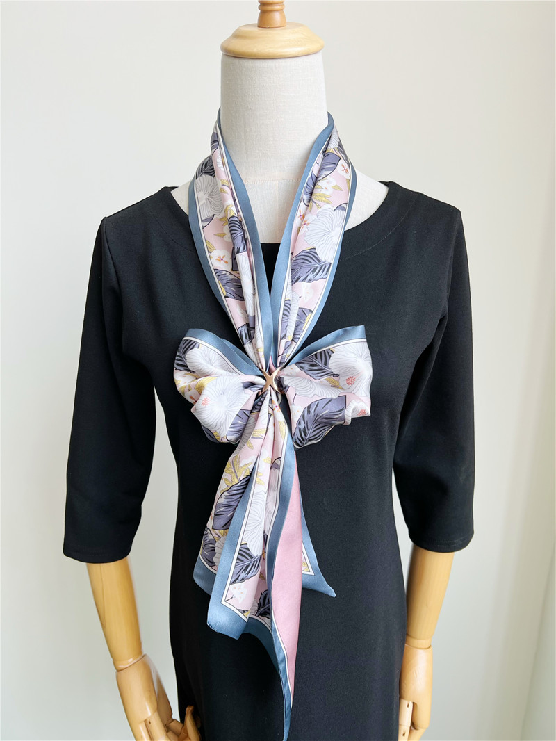 Pink Floral Mulberry Silk Scarf Thin narrow long scarf streamer 011