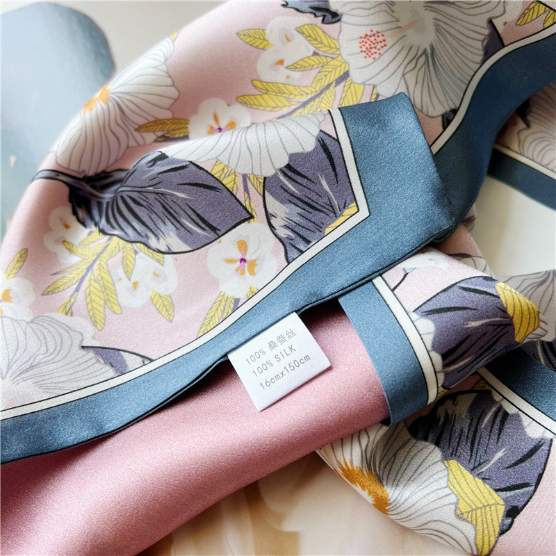 Pink Floral Mulberry Silk Scarf Thin narrow long scarf streamer 011