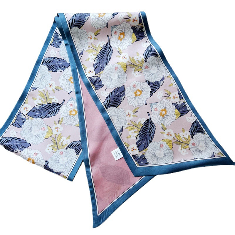 Pink Floral Mulberry Silk Scarf Thin narrow long scarf streamer 011