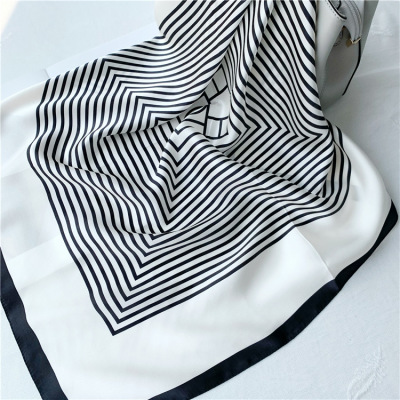 Simple black white striped Mulberry Silk Scarf Female spring summer 077