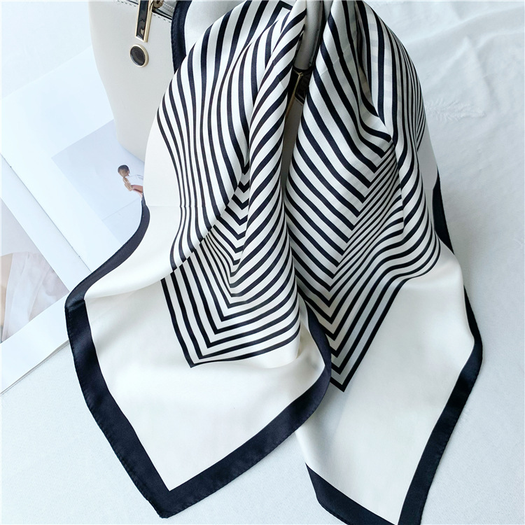 Simple black white striped Mulberry Silk Scarf Female spring summer 077