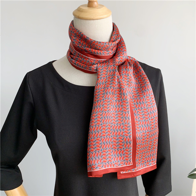 Wine Red Mulberry Silk scarf Double sided silk scarf thin narrow streamer 007