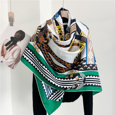 Dark Green Chain Mulberry Silk Large Square Shawl Scarf 157
