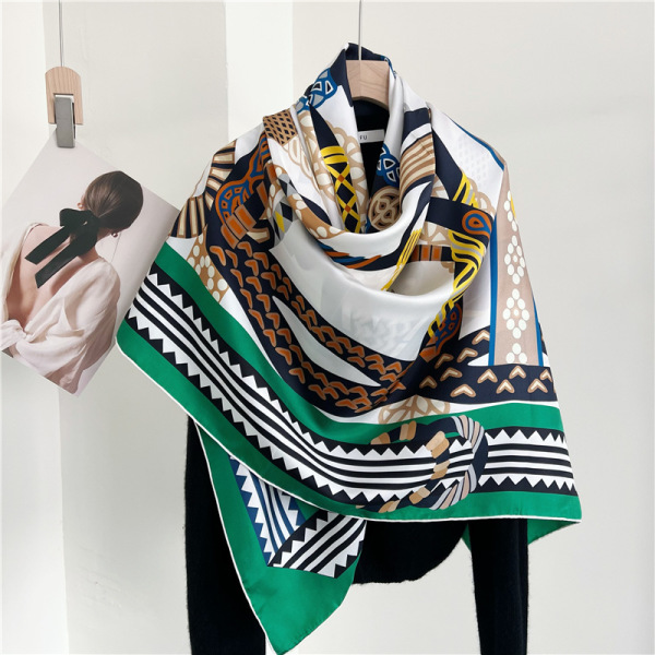 Dark Green Chain Mulberry Silk Large Square Shawl Scarf 157