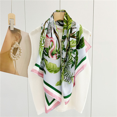 Female Flamingo Floral Mulberry Silk Scarf Large Shawl 142