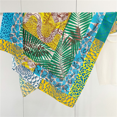 Jungle Flower Leopard Female Mulberry Silk Shawl Square 158