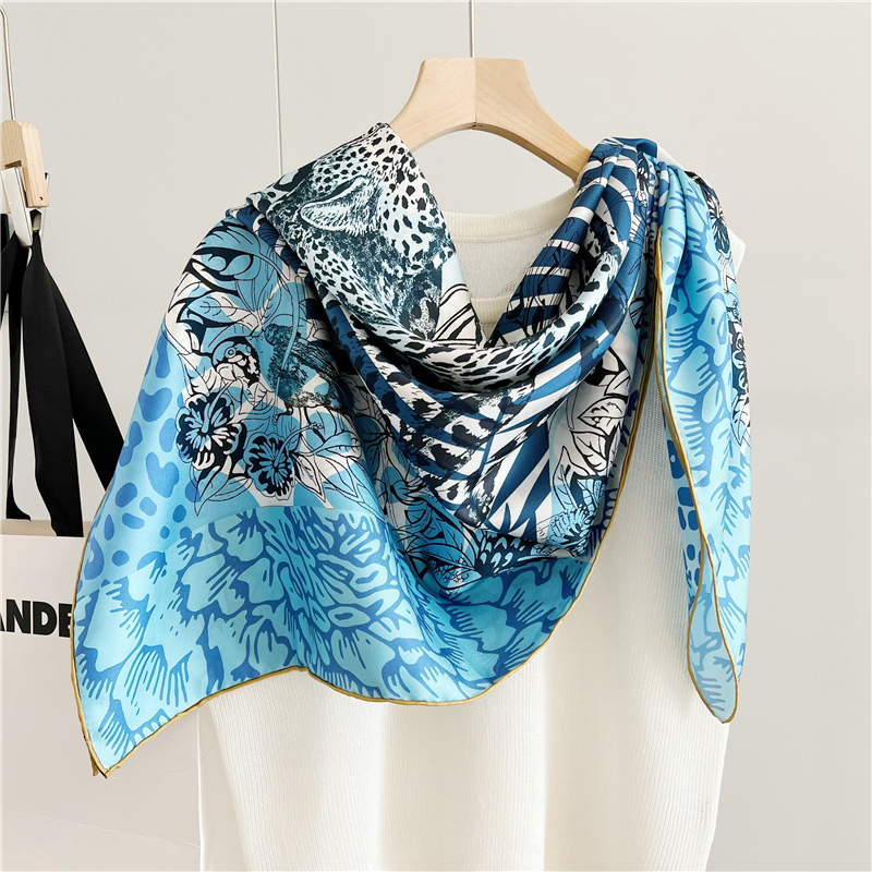 Jungle Flower Leopard Female Mulberry Silk Shawl Square 158