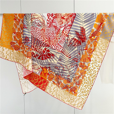 Jungle Flower Leopard Female Mulberry Silk Shawl Square 158