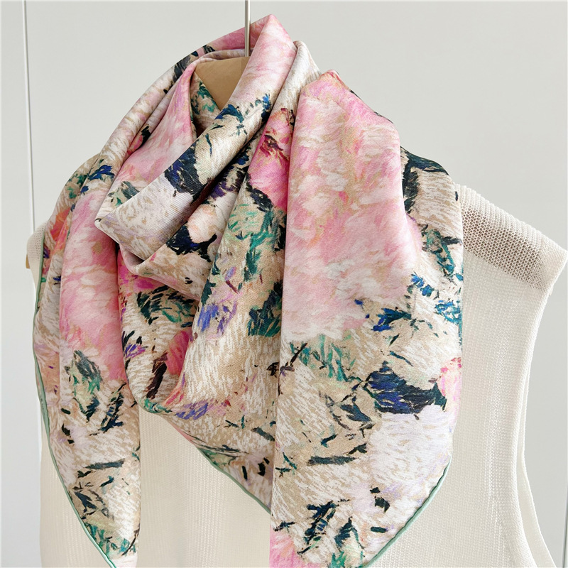 Twill Oil painting Square Scarf Women's Mulberry Silk Scarf Shawl 102